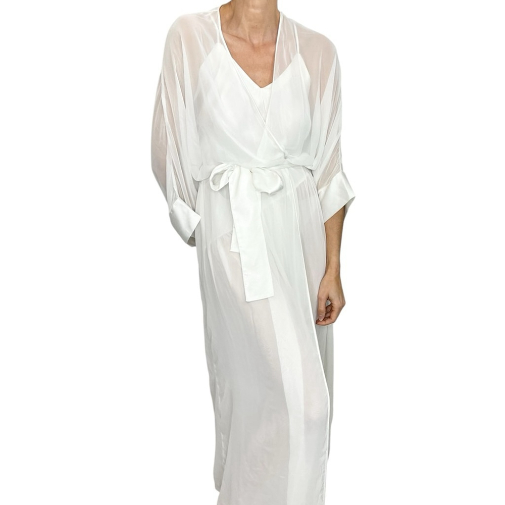Vintage 80s white chiffon satin low back chemise kimono sleeve robe peignoir set
